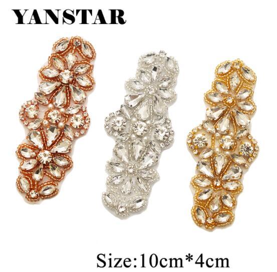 YANSTAR 2PCS Handmade Gold Clear Crystal Rhinestones Appliques For Wedding Bridal Dress Belt Rhinestones Accessories YS885