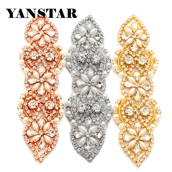 YANSTAR 1pcs Rhinestones Appliques With Protein Beads For Wedding Dress Sash Clear Rose Gold Crystal Patch YS874