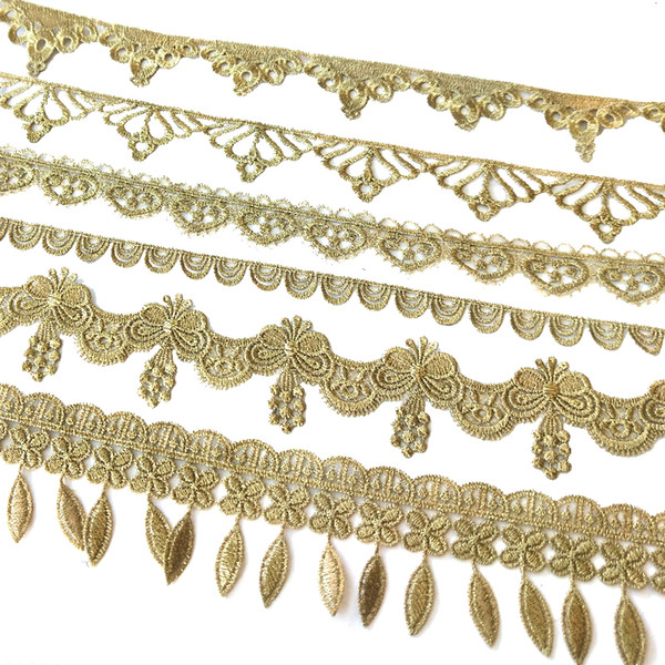 Sale by Yard Golden metallic thread flower high quality embroidery Lace Fabric Sewing costumes DIY Lace Trim HB43-45