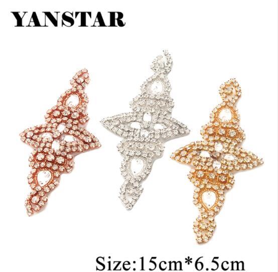 YANSTAR 2PCS Rhinestone Appliques Iron On Bridal Sash Rose Gold Ctystal Appliques DIY Wedding Dress Belt YS901