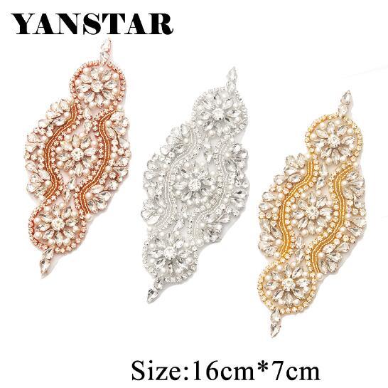 YANSTAR (2pcs) Bridal Rhinestones Appliques With Pearl Rose Gold Crystal Iron On For Wedding Dress Sash YS851