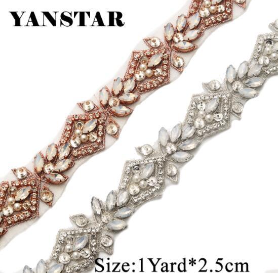 YANSTAR 1 Yard Handmade Opal Rhienstone Applique Rose gold Bridal Belt Trim Iron On Wedding Dress Belt YS912