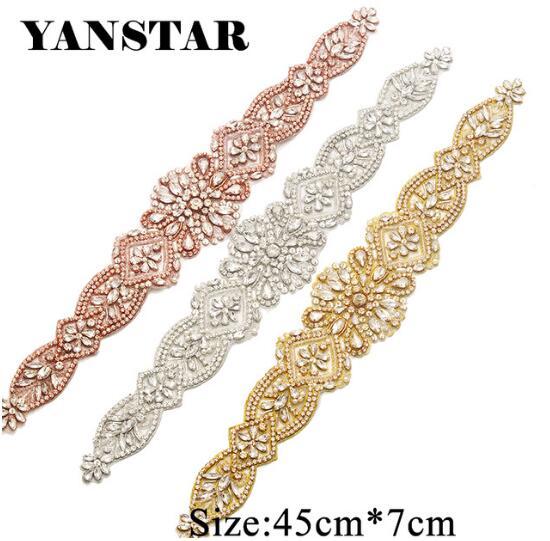 YANSTAR (1Piece) Bridal Sash Hand Sewing Crystal Rhinestone Appliques Iron On For Wedding Dresses Belt YS828