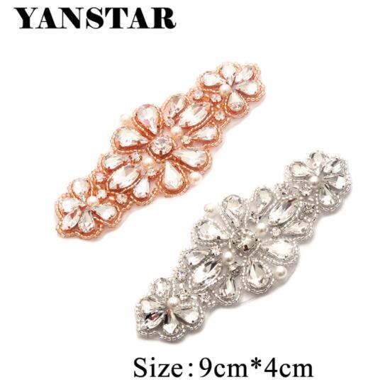 YANSTAR 5PCS Wholesale Rose Gold Rhinestones Appliques With Beads Clear Crystal Sewing On For Bridal Gown Sash YS894