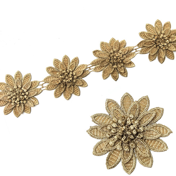 Sale by Yard 3D Golden metallic thread flower high quality embroidery Lace Fabric Sewing costumes DIY Lace Trim H010