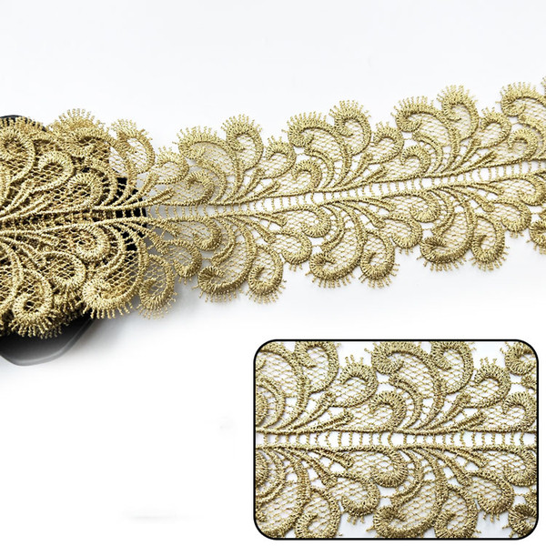 Sale by Yard Golden metallic thread flower high quality embroidery Lace Fabric Sewing costumes DIY Lace Trim HB49