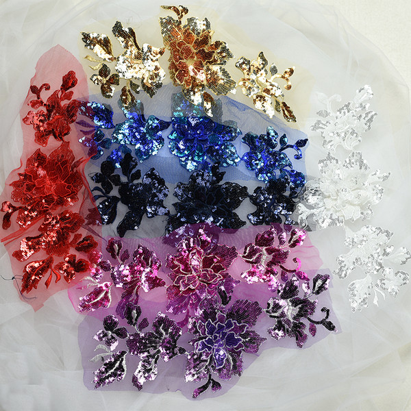 Color flower stereo embroidery lace patch with sequins wedding dress DIY materials theatrical costume accessories T021