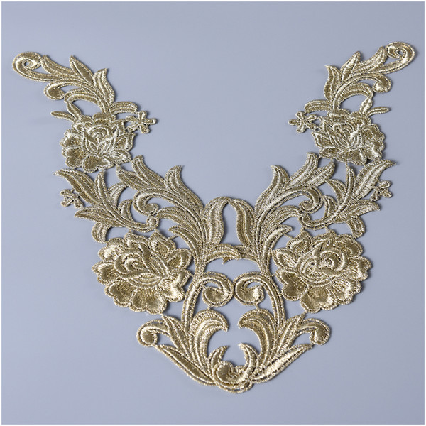 A pair of golden silver Metal Thread embroidery Lace flower applique Fabric Sewing costumes Lace patch