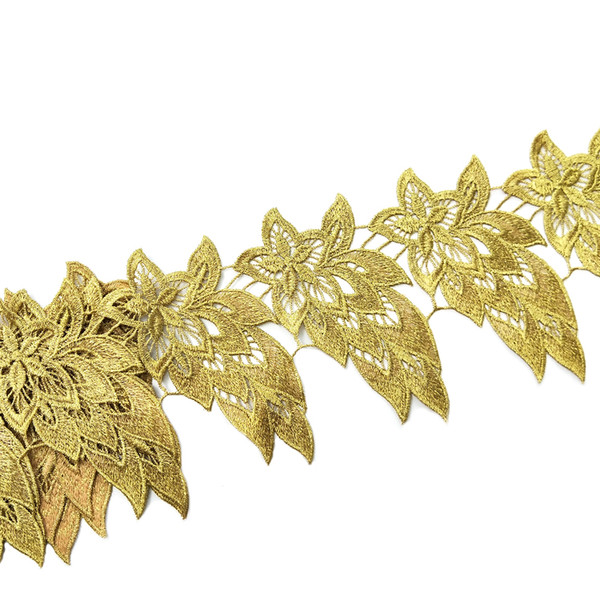 Sale by Yard Golden metallic thread flower high quality embroidery Lace Fabric Sewing costumes DIY Lace Trim H007
