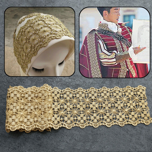 Sale by Yard Golden metallic thread flower high quality embroidery Lace Fabric Sewing costumes DIY Lace Trim HB14