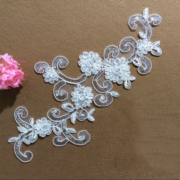 French lace patch with sequins embroidery lace patch with beads wedding dress DIY lace applique T011
