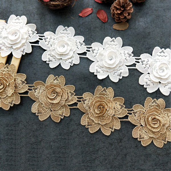 Sale by Yard 3D Golden metallic thread flower high quality embroidery Lace Fabric Sewing costumes DIY Lace Trim H008