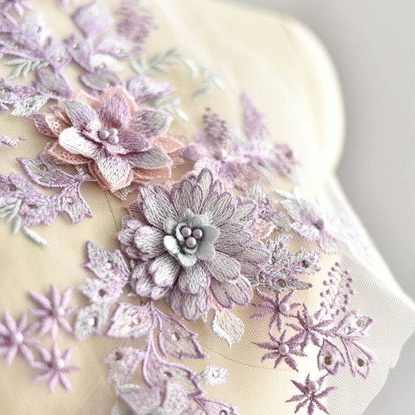 Colorful flower rhinestones embroidery stereo 3D lace patch with bead wedding dress DIY Lace applique accessories T026