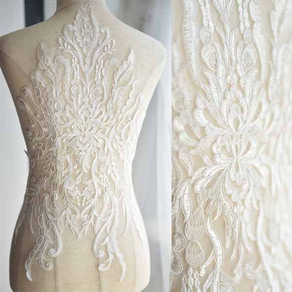 Luxury embroidery lace patch with beads wedding dress DIY lace applique T007