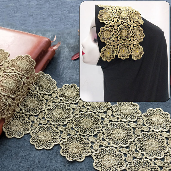 Sale by Yard Golden metallic thread flower high quality embroidery Lace Fabric Sewing costumes DIY Lace Trim HB47