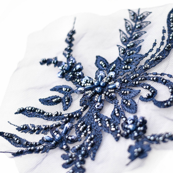3D Flower embroidery lace patch with beads wedding dress DIY lace applique D020