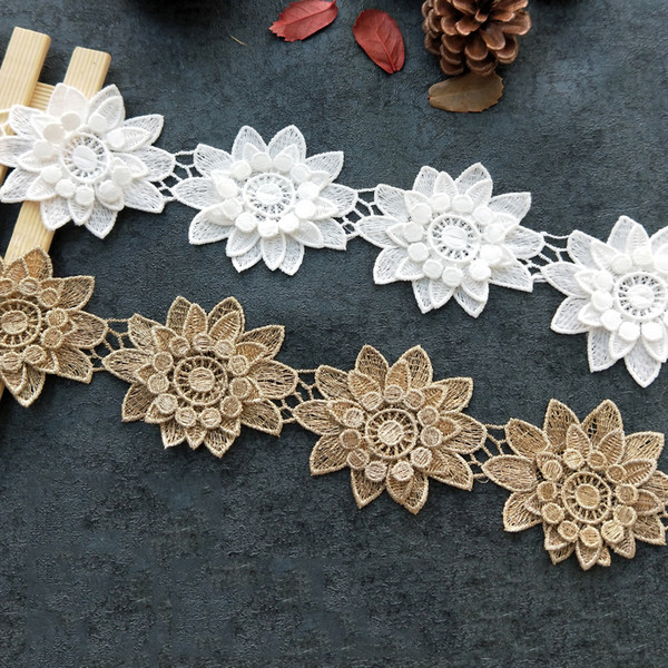 Sale by Yard 3D Golden metallic thread flower high quality embroidery Lace Fabric Sewing costumes DIY Lace Trim H009