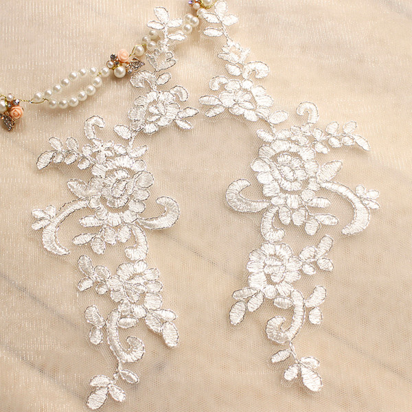 French lace patch with silver bones embroidery lace patch with beads wedding dress DIY lace applique T012