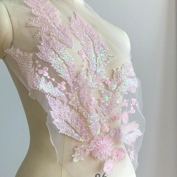 Flower embroidery lace patch with beads wedding dress DIY lace applique D021