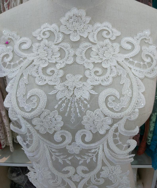 French embroidery big flower long lace patch embroidery with beads wedding dress DIY lace applique M014