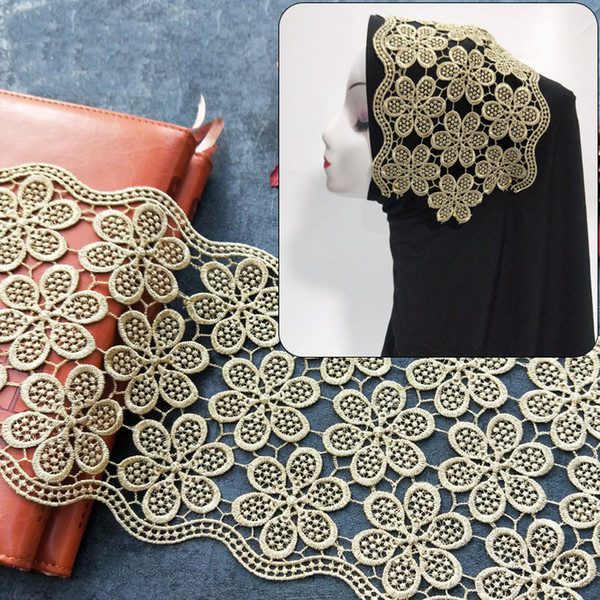 Sale by Yard Golden metallic thread flower high quality embroidery Lace Fabric Sewing costumes DIY Lace Trim HB59