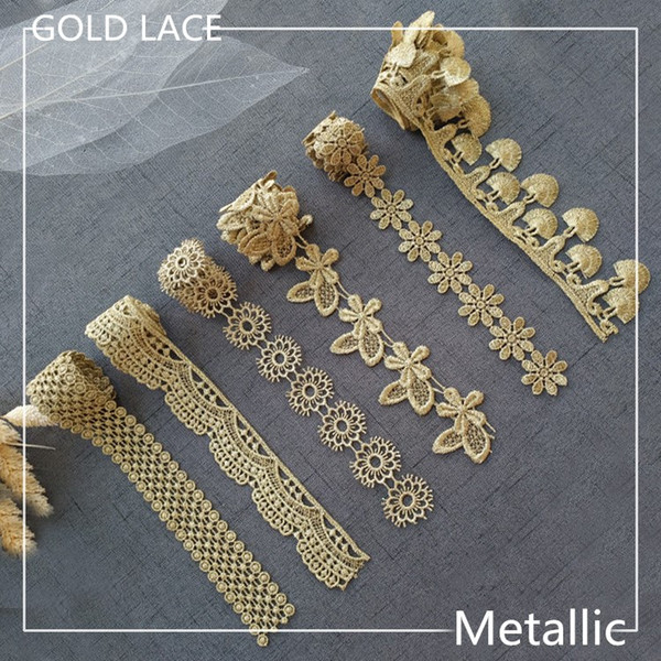 Sale by Yard Golden metallic thread flower high quality embroidery Lace Fabric Sewing costumes DIY Lace Trim JB01-17