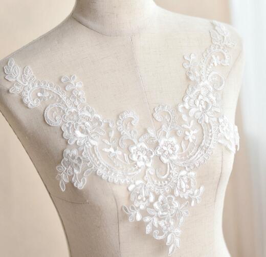 V-neckline embroidery lace patch with beads wedding dress DIY lace applique T014