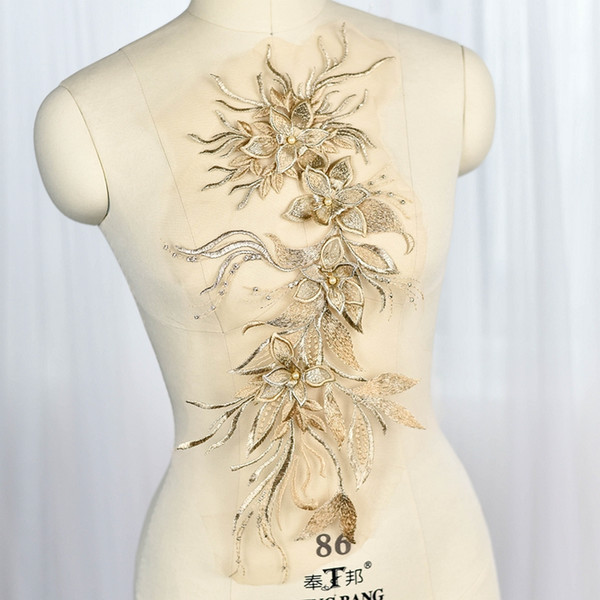 Flower embroidery lace patch with beads wedding dress DIY lace applique D017