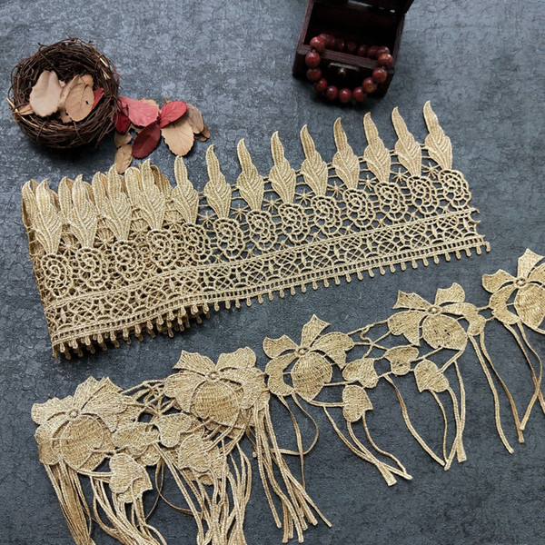 Sale by Yard Golden metallic thread flower high quality embroidery Lace Fabric Sewing costumes DIY Lace Trim HB10