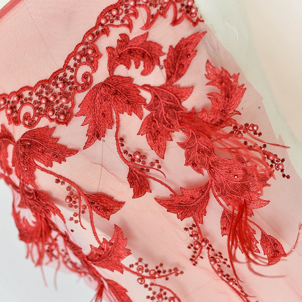 3D feather stereo embroidery lace patch with beads wedding dress DIY lace applique D024