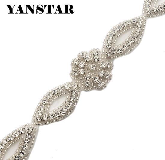 YANSTAR 1YARD Hand Silver Rhinestones Appliques Sparkle crystal Sewing On For Bridal Sash Rhinestones Appliques Accessory YS860
