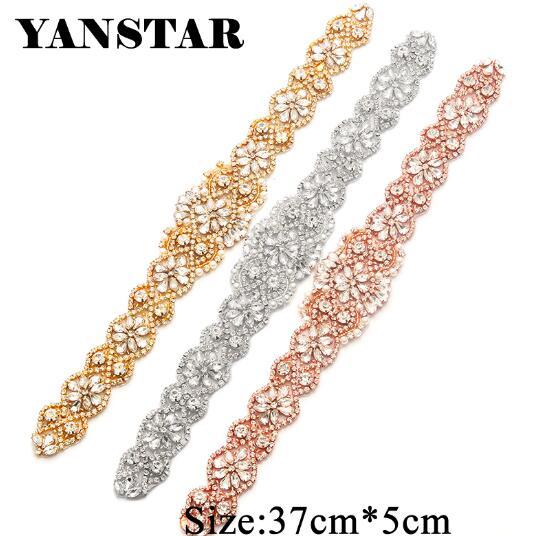 YANSTAR (1pcs) Hand Bridal Sash Rhinestones Appliques Accessory Clear Rose Gold Crystal Sew On For Wedding Dress Belt YS835