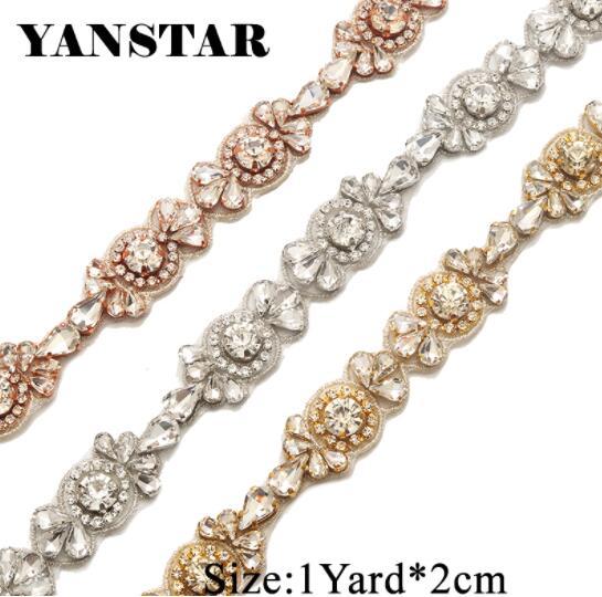 YANSTAR 1Yard Rhinestone Appliques For Wedding Dress Belts Clear Rose Gold Crystal Appliques For Bridal Gown YS926