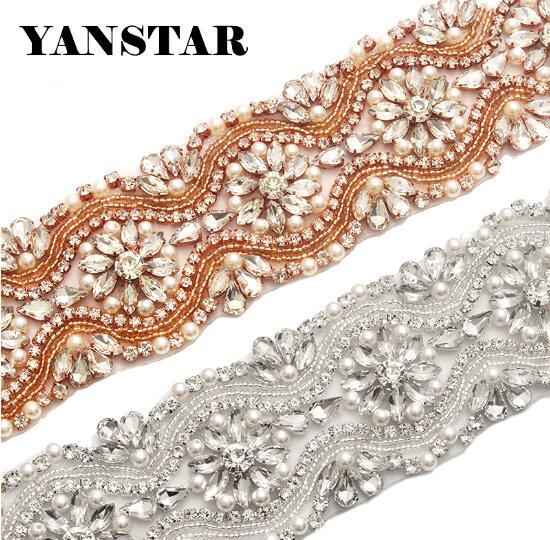 YANSTAR (1pcs) Handmade Bridal Gown Sash Rhinestones Appliques Clear Rose Gold Crystal For Wedding Dress Belt YS839