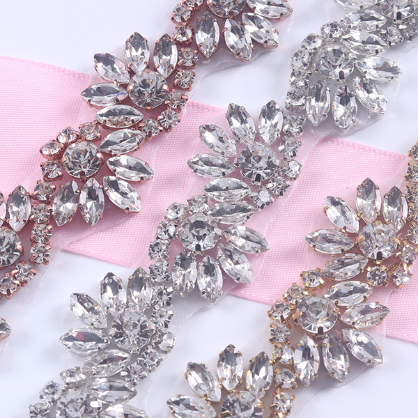 5Yards Rhinestones Trim Iron On Wedding Dresses Belt Rose Gold Silver Rhinetones Clear Bead Crystal Sewing On DIY Bridal Sashes