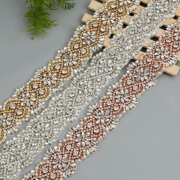 1Yards Sewing Bridal Beaded Rose Gold Silver Crystal Rhinestones Appliques Trim For Wedding Dress Belt Sashes