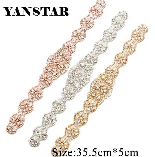YANSTAR(1PCS) Hand Sew Rhinestone Appliques Bridal Sash Rose Gold Crystal For Wedding Grown Belt YS806