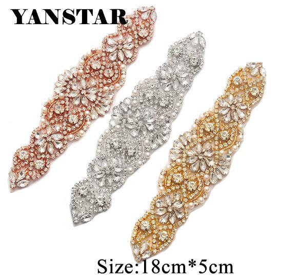 YANSTAR (1pcs) Hand Crystal Rhinestones Appliques With Bead For Wedding Dress Belt Rose Gold Crystal For Bridal Sash YS837