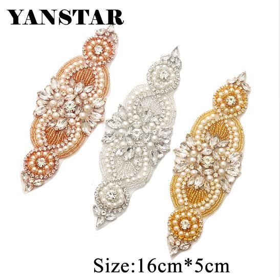 YANSTAR 1PCS Handmade Plus Size 16.5* 5CM Beads Rhinestones Appliques Accessory Sewing On For Wedding Dresses Belt YS845