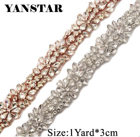 YANSTAR 5 Yards Wholesale Rhinestones Appliques For Bridal Belt Rose Gold Crystal Rhinestones Appliques For Bridal Sash YS857
