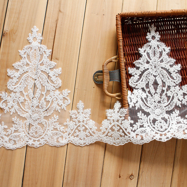 Sale by Yard white 28 cm Wide French bridal veil cotton thread embroidery Lace Fabric Trim Wedding dress Eyelashes Lace