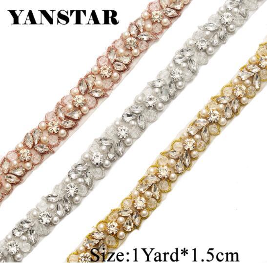 YANSTAR Bridal Wedding Dresses Belt Pearls Rhinestone Appliques Trim 1 Yard For Bridal Sash Rose gold Crystal Accessories YS927