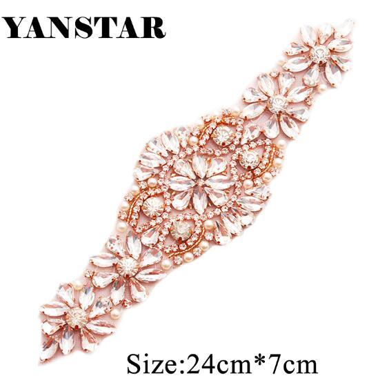 YANSTAR (1PCS) 20*7CM Rhinestones Appliques Rose Gold Sew On Crystal Rhinestones Appliques for Bride Sashes YS824
