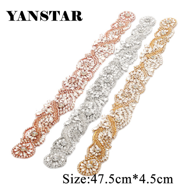 YANSTAR 1Pcs Handmade Bridal Rhinestones Applique 47.5*4.8CM For Wedding Belt Rose Gold Crystal YS802