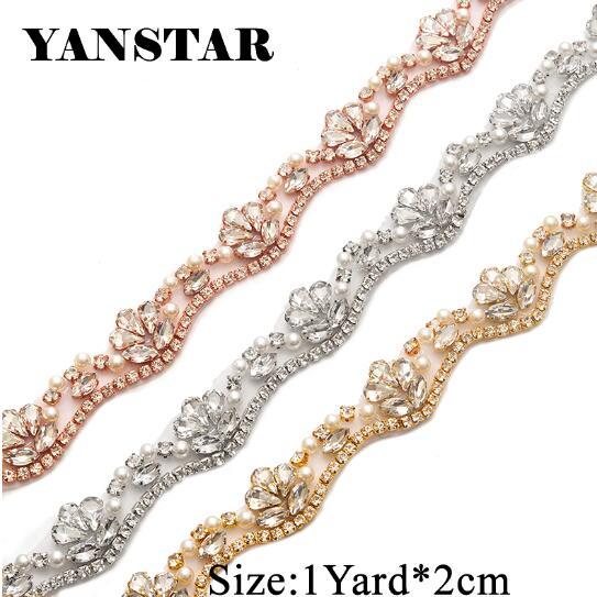 YANSTAR Handmade Pearl beads Rhinestone Applique By The 2CM*5Yards Trim Sewing On Bridal Gown Belt YS810