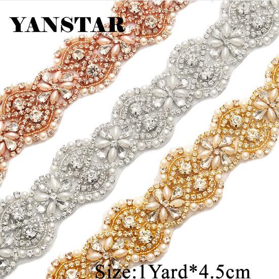 YANSTAR 4.5CM*1Yard Rhinestones Trim For Bridal Sashes Rose Gold Crystal Rhinestones Appliques For Dresses Belt YS823