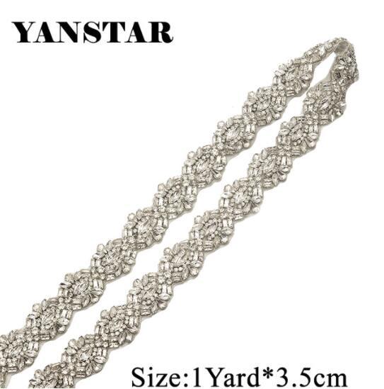 YANSTAR 1 Yard Rhinestones Appliques Wedding Dresses Belts Sew On Bridal Sashes trim Clear Silver Rhinestones YS949