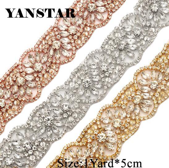 YANSTAR 1Yards Handmade Sewing Bridal Beaded Rose Gold Crystal Rhinestones Appliques Trim For Wedding Dress Belt Sashes YS822