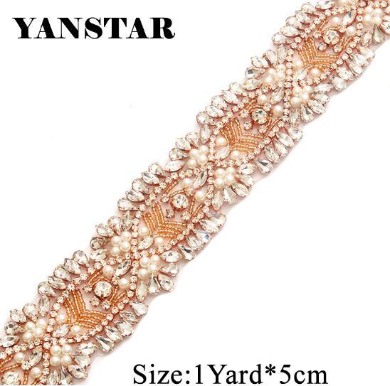 Wholesale Rhinestones Appliques 5CM*5Yards Pearls Rose Gold Sewing On Clear Crystal DIY Rhinestones Bride Sashes YS815