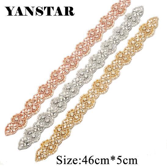 YANSTAR(1 pcs) Hand Bridal Beaded Rose Gold Crystal Rhinestones Appliques Beads Sewing On For Bridal Gown Belt YS866